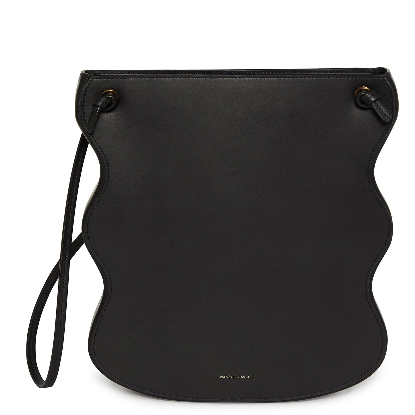 Italian vegetable tanned leather black ocean bag with beige canvas interior and scalloped edge.