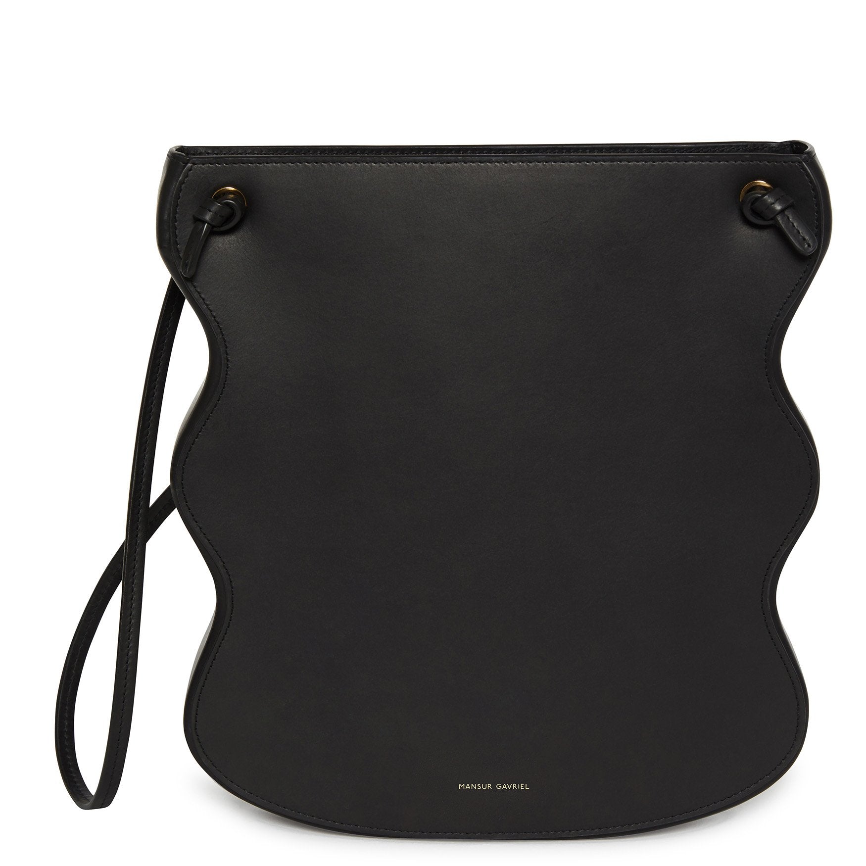 Italian vegetable tanned leather black ocean bag with beige canvas interior and scalloped edge.