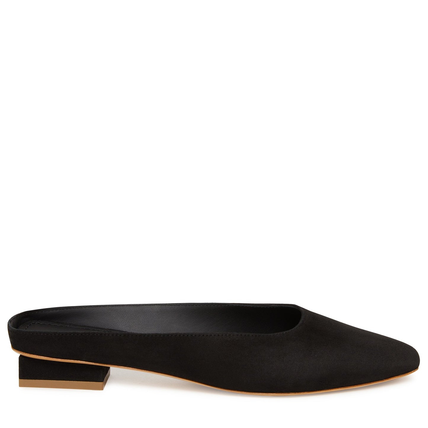 Italian suede black rectangular slide with calf leather insole.