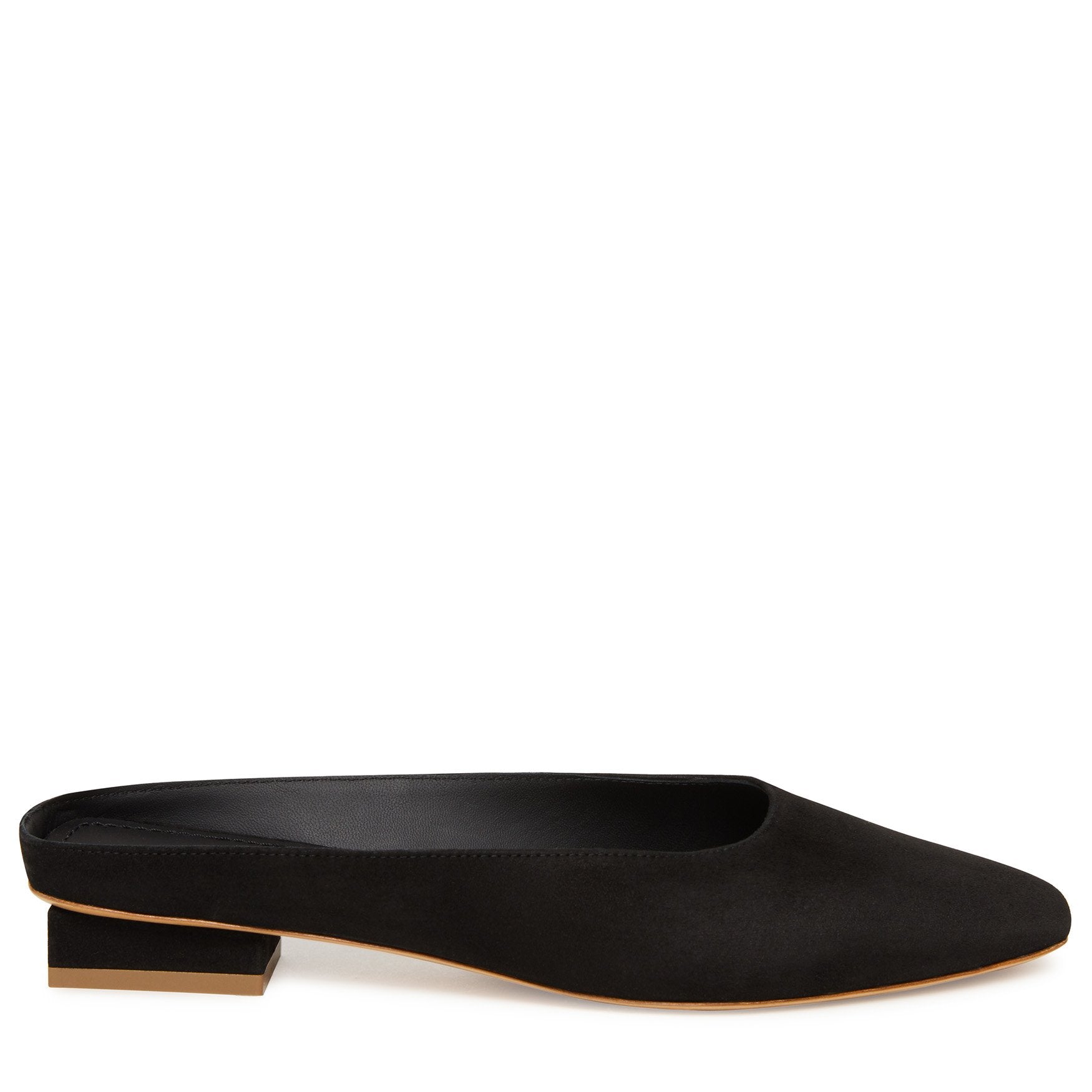 Italian suede black rectangular slide with calf leather insole.
