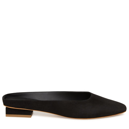 Italian suede black rectangular slide with calf leather insole.