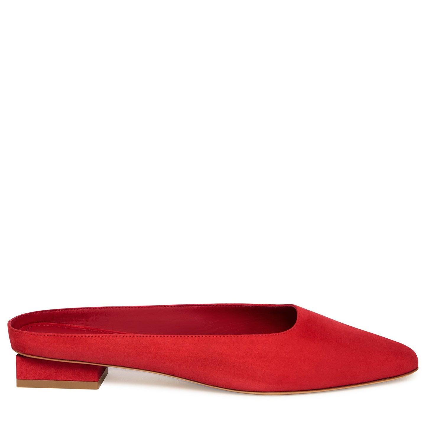 Italian suede red rectangular slide with calf leather insole.