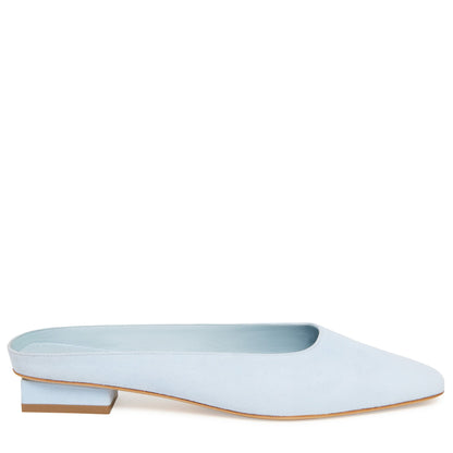 Italian suede sky blue rectangular slide with calf leather insole.