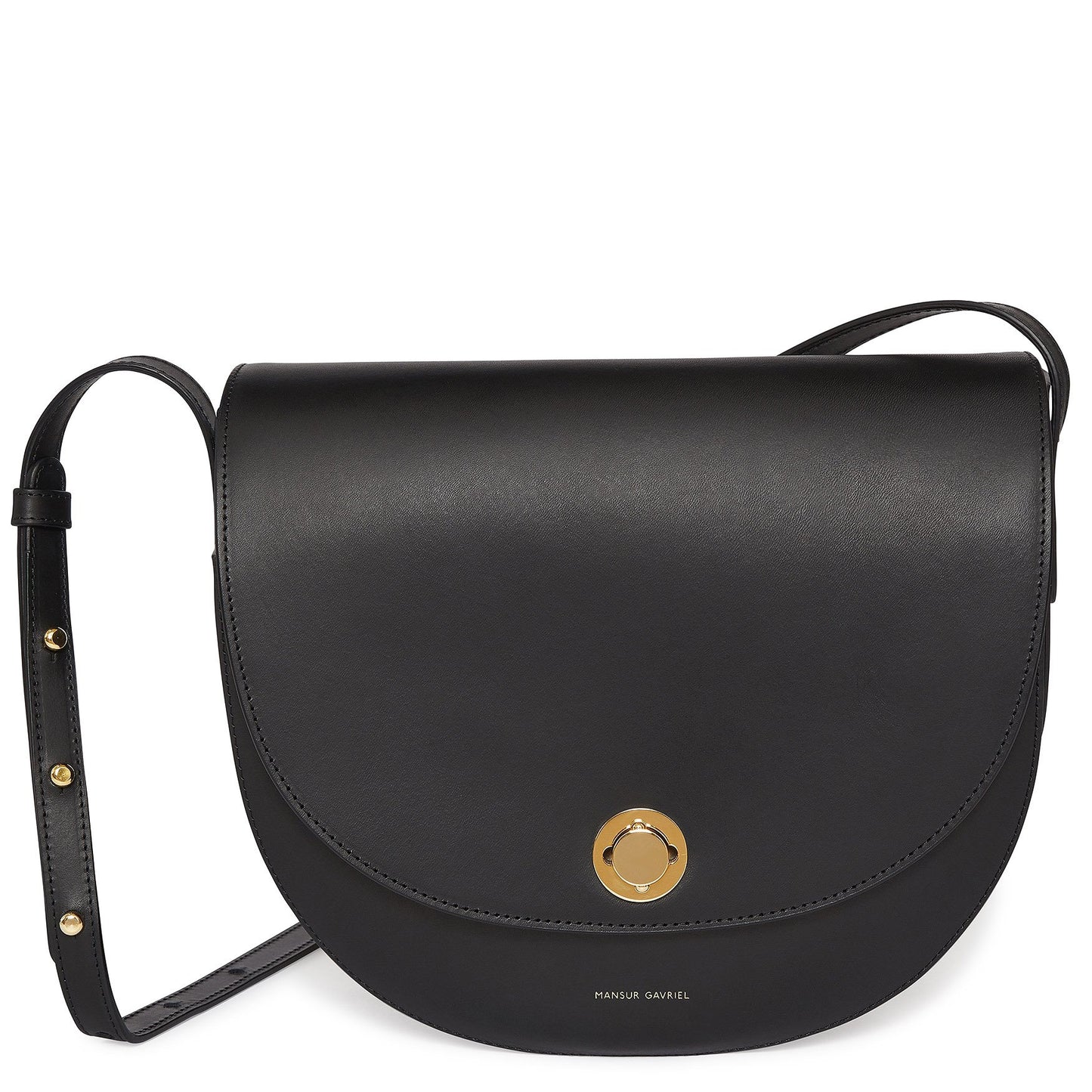Italian vegetable tanned leather black saddle bag with two interior pockets and beige canvas interior.