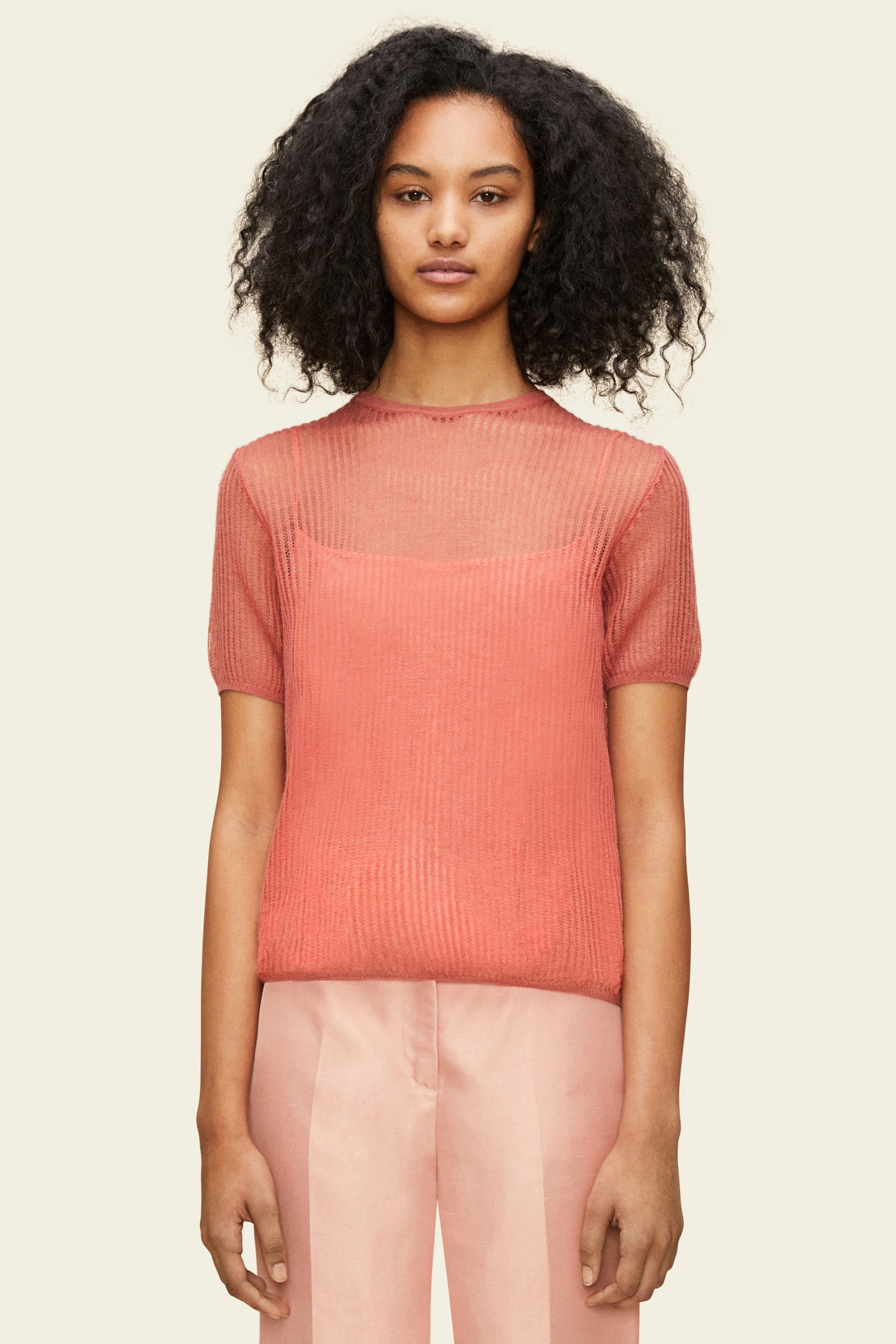 Italian mohair blush short sleeve crewneck sweater.