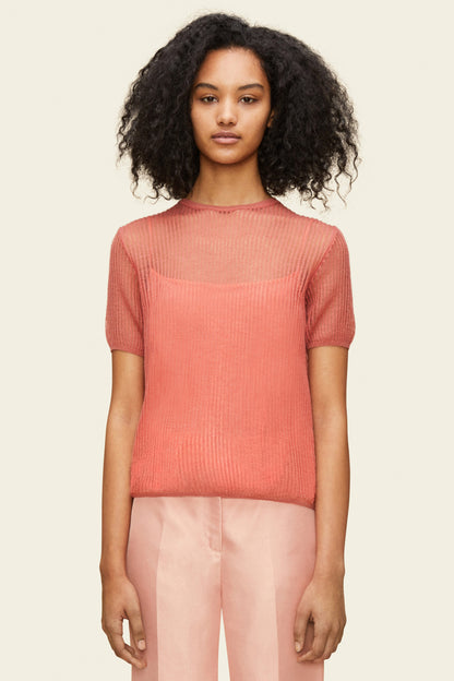 Italian mohair blush short sleeve crewneck sweater.
