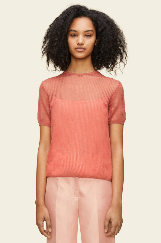 Italian mohair blush short sleeve crewneck sweater.