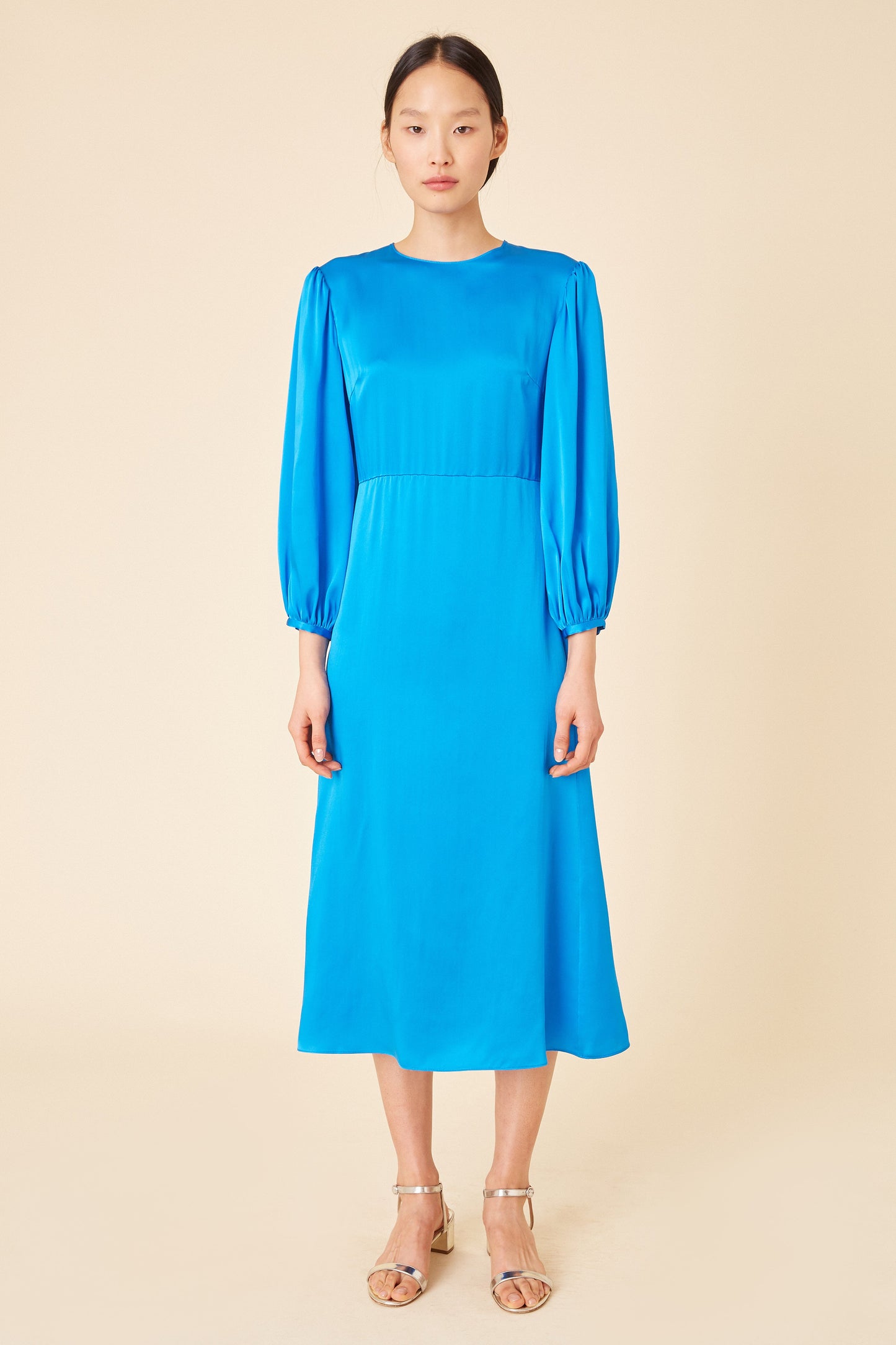 Silk Charmeuse Bishop Sleeve Dress - Royal