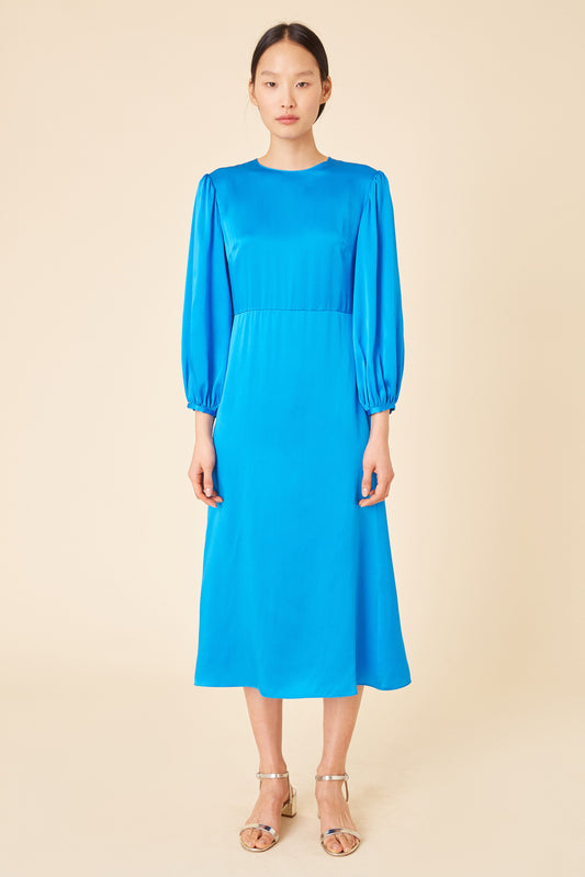 Silk Charmeuse Bishop Sleeve Dress - Royal