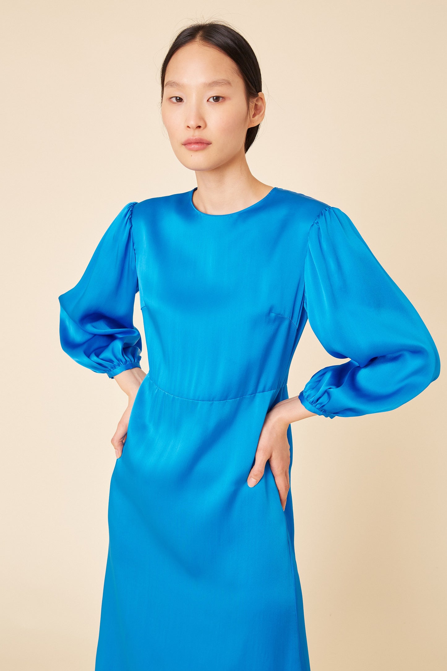 Italian silk charmeuse royal blue bishop sleeve dress.