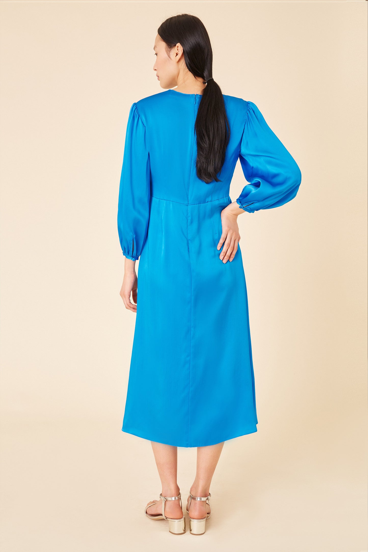 Silk Charmeuse Bishop Sleeve Dress - Royal