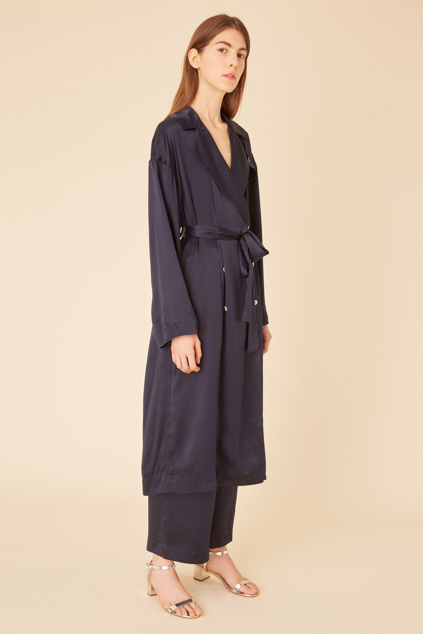Italian silk charmeuse flowy navy trench coat.