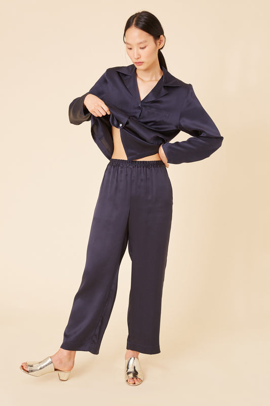 Italian silk charmeuse navy straight pant.