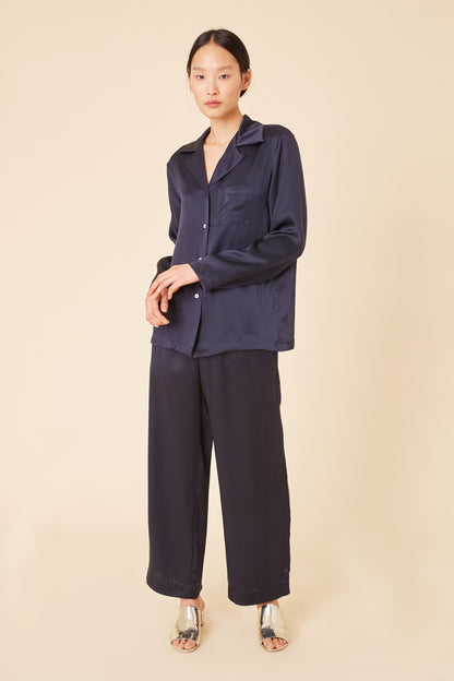 Italian silk charmeuse navy pajama shirt.