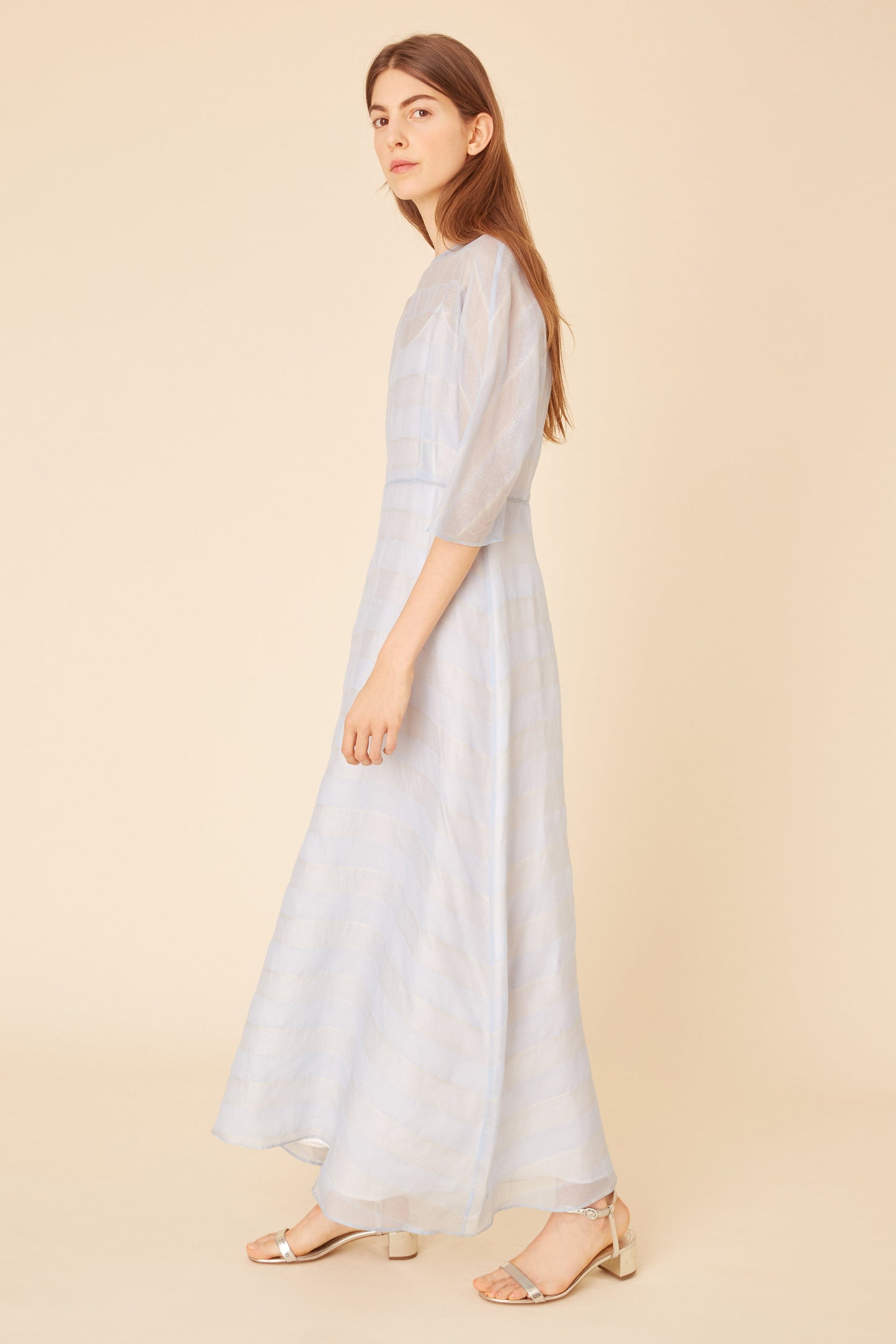 Italian silk voile stripe sky blue fine dress.