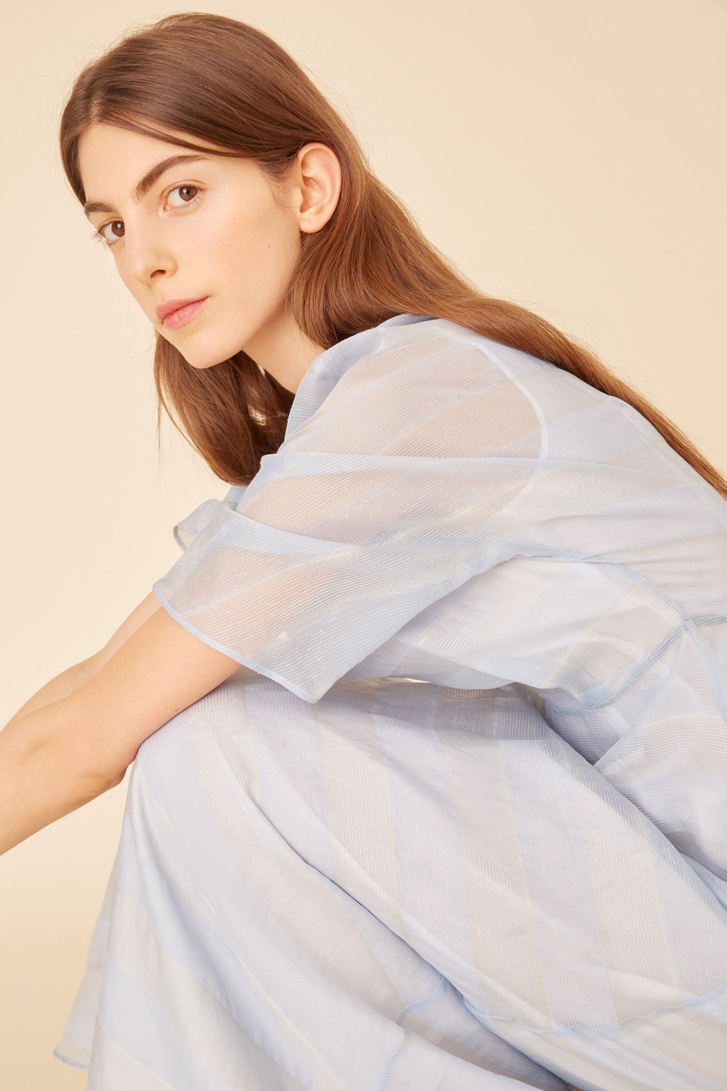 Silk Voile Stripe Fine Dress - Sky Blue