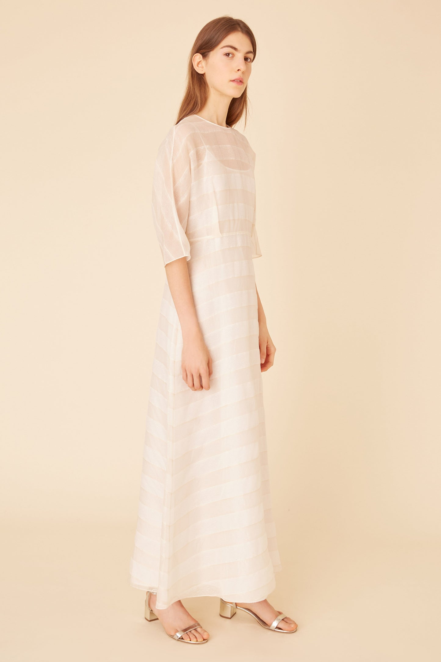 Italian silk voile stripe white fine dress.