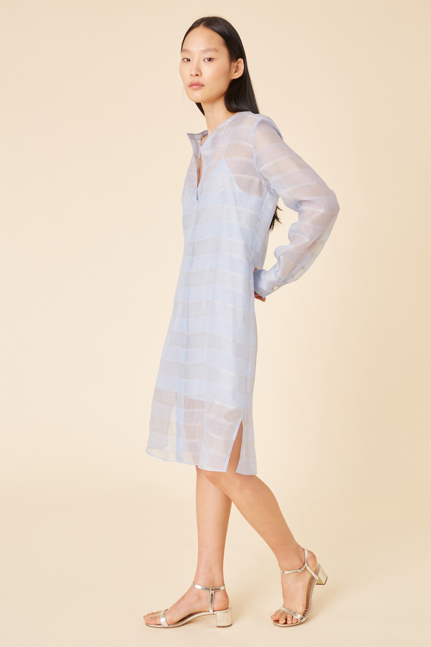Silk Voile Stripe Tunic Dress - Sky Blue