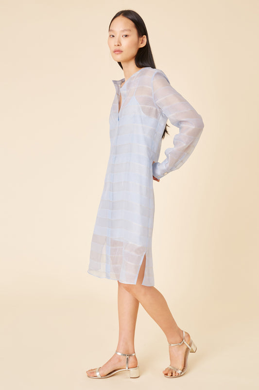 Silk Voile Stripe Tunic Dress - Sky Blue