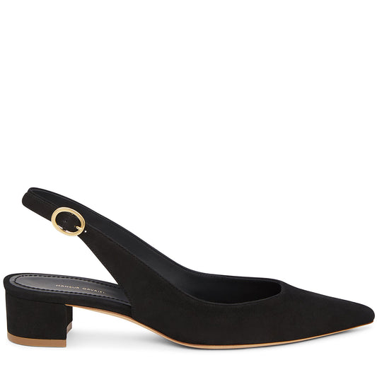 Italian suede leather black slingback heel.
