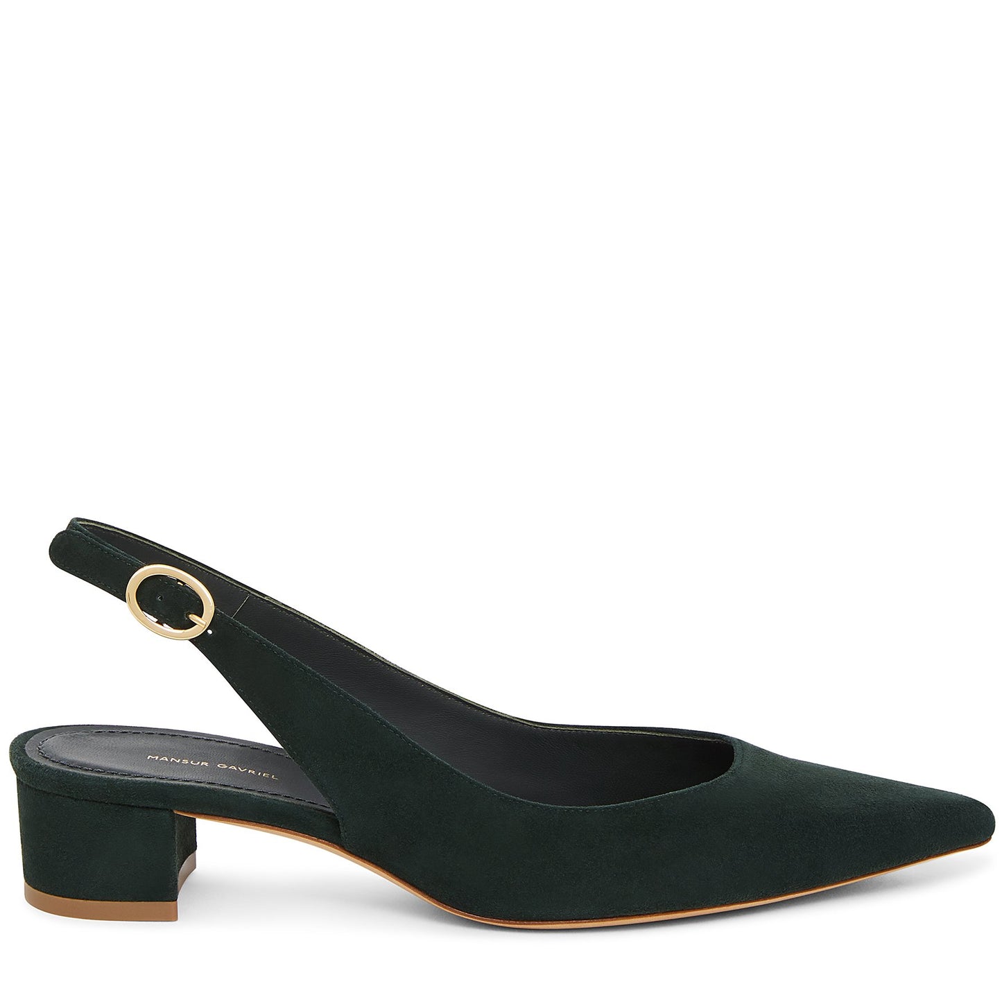 Italian suede leather moss slingback heel with calf leather insole.