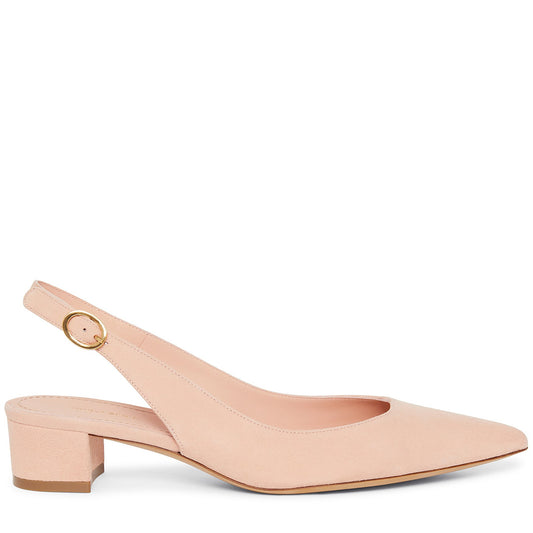 Italian suede leather rosa slingback heel with calf leather insole.
