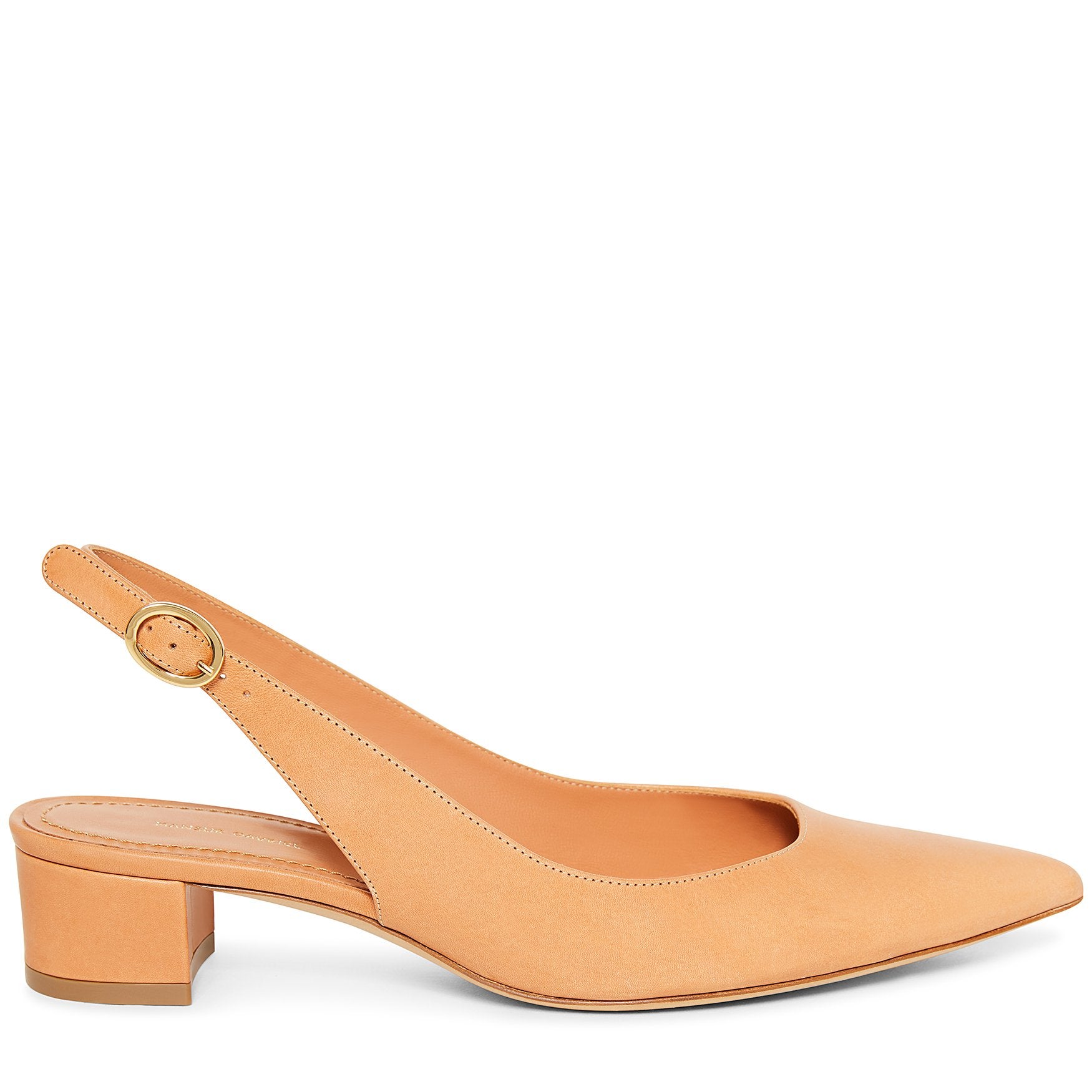Italian vegetable tanned leather cammello slingback heel with vegetable tanned leather insole.