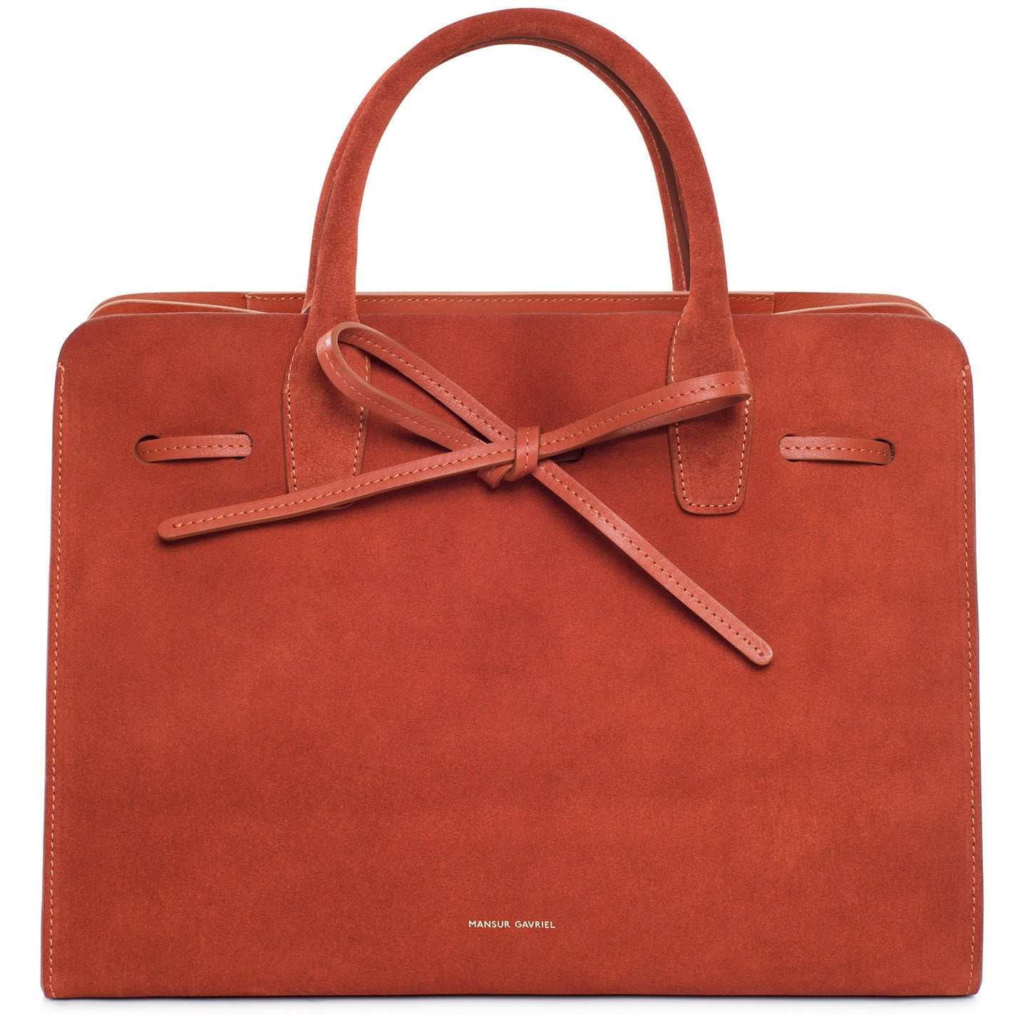 Italian suede leather rust sun bag with raw interior.