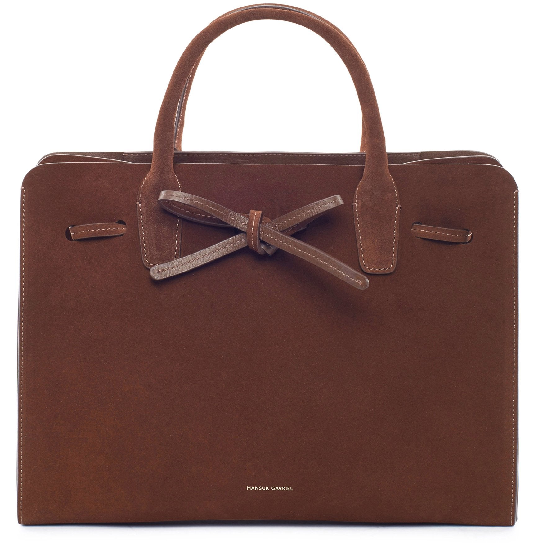 Italian suede leather chocolate sun bag with raw interior.