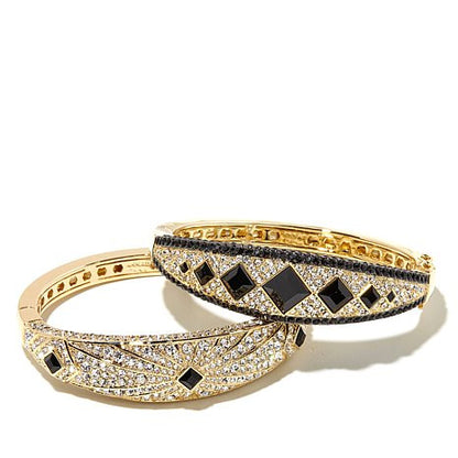 AKKAD "Twin Power" Black and Clear Crystal Goldtone 2-piece Bangle Bracelet Set