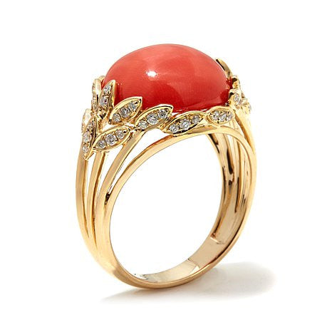 Rarities: Fine Jewelry with Carol Brodie 14K Gold Round Red Coral Cabochon and White Diamond Leaf-Design Ring